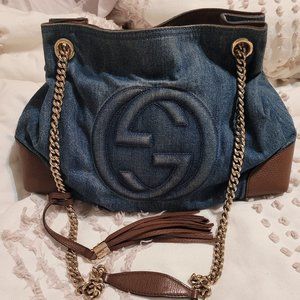 GUCCI Denim Pebbled Calfskin Medium Soho Chain Shoulder Bag Blue Brown